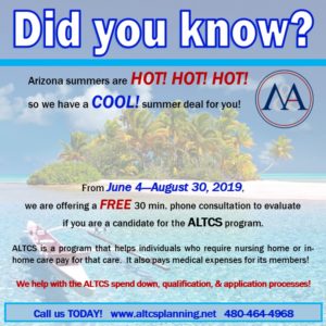 Did You Know 06/03/19. Cool Summer Promotion. Free 30 minute phone ALTCS consultation